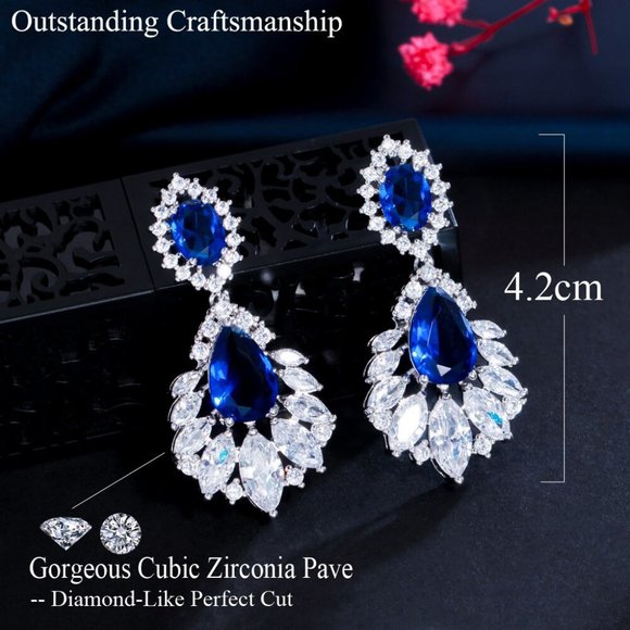 Blue Elegant Chandelier Drop Dangle Cubic Zirconia Bridal Earrings - Picture 5 of 6